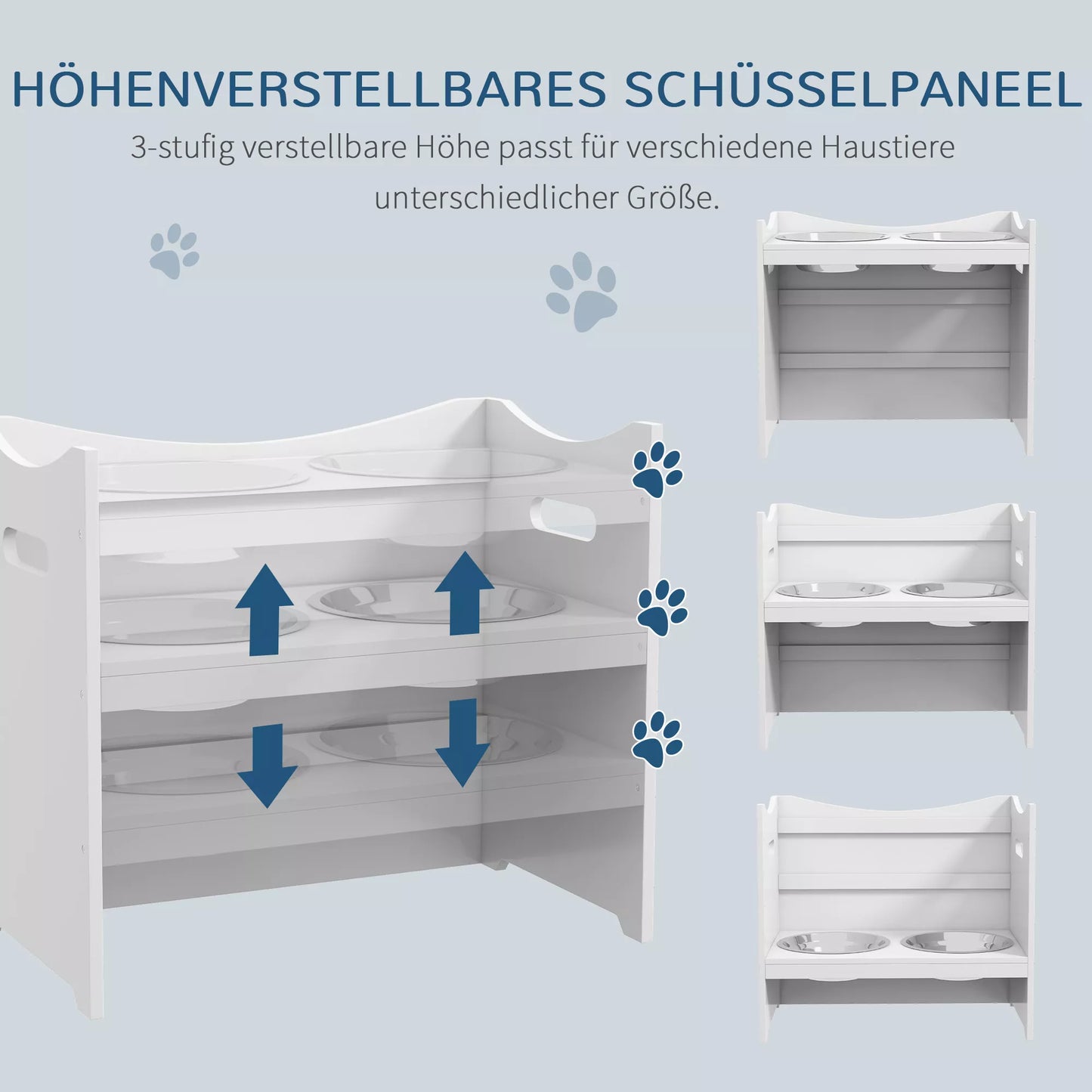 Suņu barības stacija, 2 nerūsējošā tērauda bļodas, regulējams augstums, 54x31,5x47cm, balta