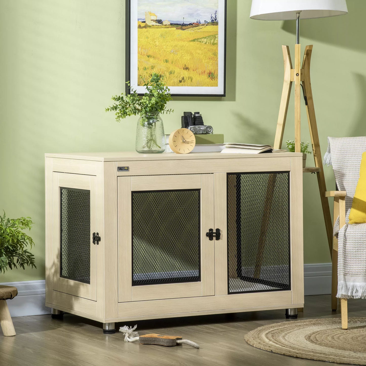 Šunų dėžė / narvas, modernaus dizaino, užrakinamas, 2 durys, 94 cm x 60 cm x 71,5 cm, natūralus + juodas