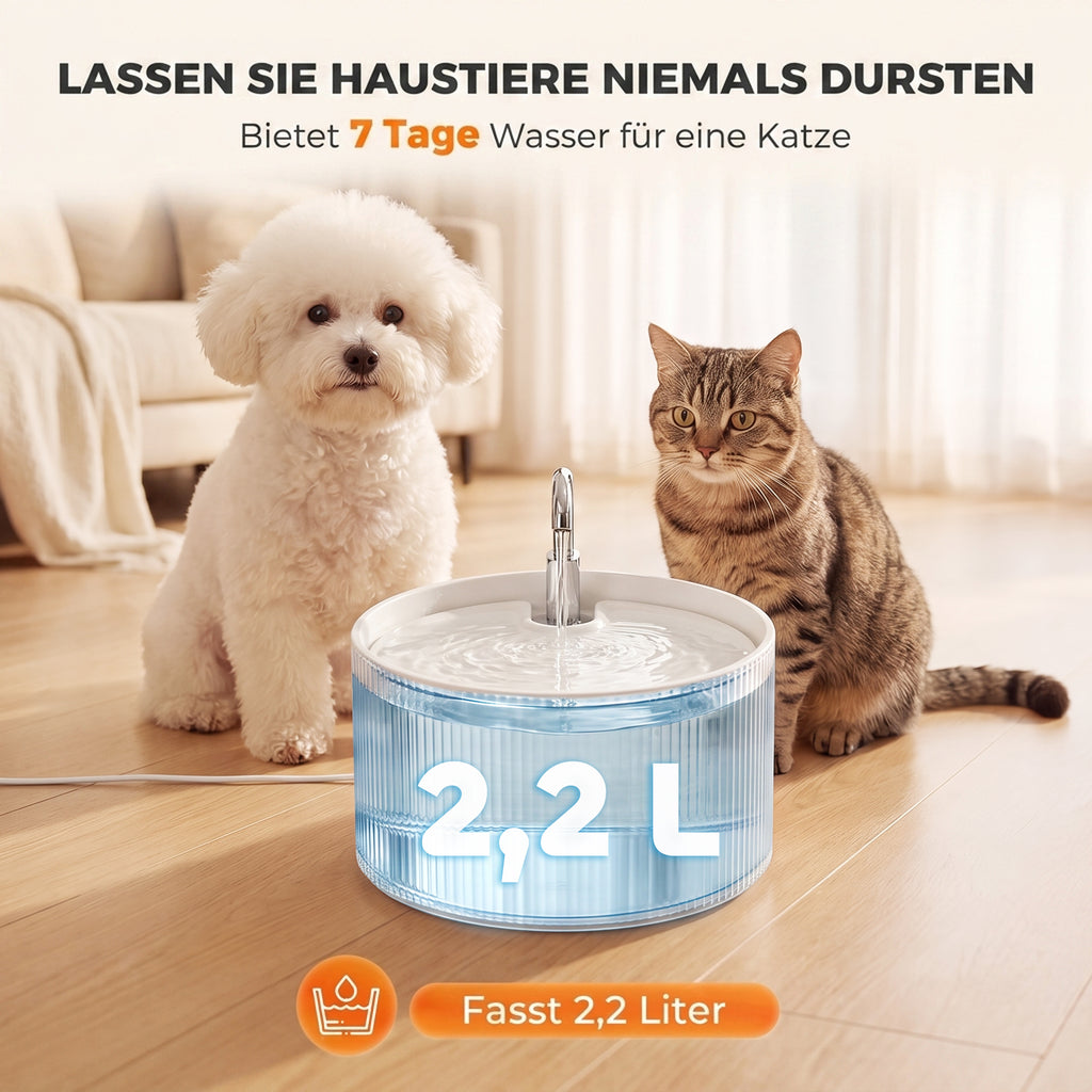 Keraminis gertuvės fontanėlis katėms ir šunims, 2,2 l, su 4 pakopų filtru ir tylia pompa, baltas