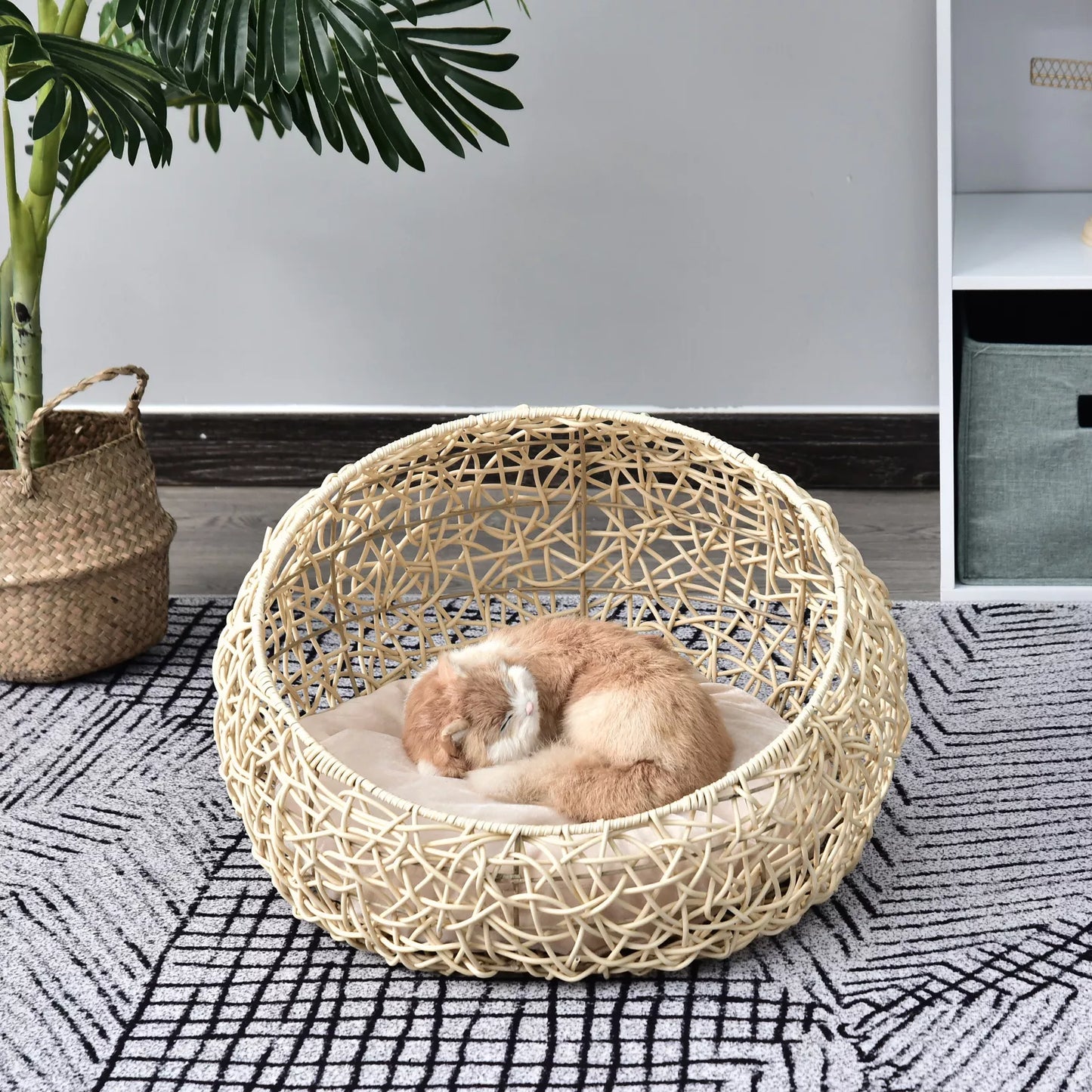 Rattan cat bed, cat house with cushion, cat basket, dog bed, cat sleeping place, dog house, pet bed for cats and dogs, beige, Ø56 x 35 cm