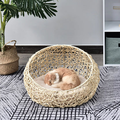 Rattan cat bed, cat house with cushion, cat basket, dog bed, cat sleeping place, dog house, pet bed for cats and dogs, beige, Ø56 x 35 cm