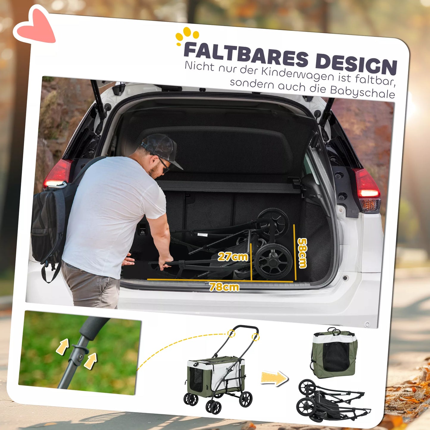 Vežimėlis šuniui, gyvūnėlių vežimėlis, sulankstomas, su nuimamu krepšiu, 81 x 58 x 97,5 cm, juoda+tamsiai žalia+balta