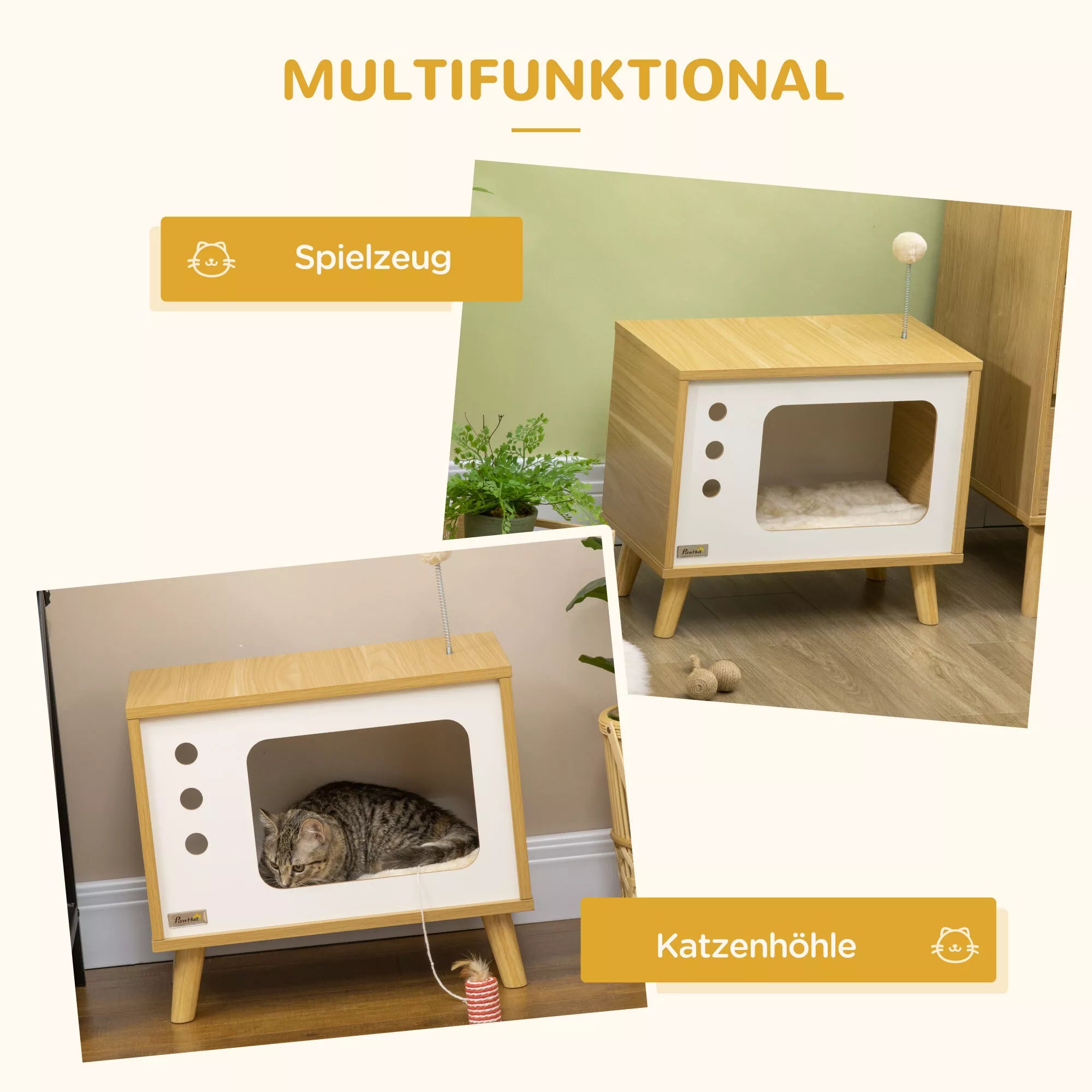 Katės namelis TV dizaino, su žaislu, skalbiama pagalvėle, 50 cm x 28 cm x 43 cm, Ąžuolas + smėlio + baltos spalvos