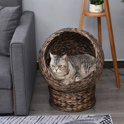 Water hyacinth cat bed with cushion, cat bed, pet bed, 50 cm x 42 cm x 60 cm, Brown + Beige