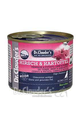 DR. CLAUDER'S drėgnas maistas suaugusiems šunims odai ir kailiui su elniena ir bulvėmis 200g