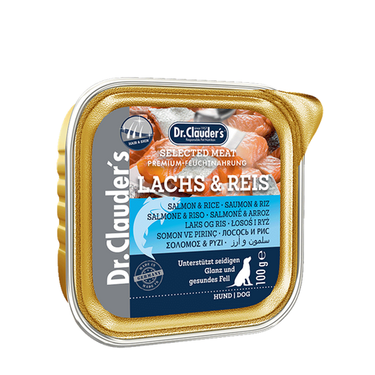 DR. CLAUDER'S drėgnas maistas suaugusiems šunims su lašiša ir ryžiais odai ir kailiui 100g