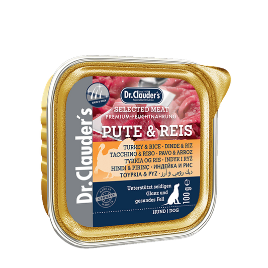 DR. CLAUDER'S drėgnas maistas suaugusiems šunims odai ir kailiui su kalakutiena ir ryžiais 100g