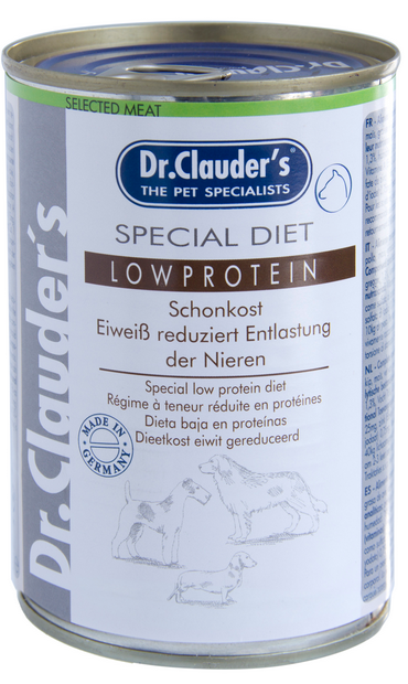 DR. CLAUDER'S SPECIAL DIET LOW PROTEIN, specializuoti konservai inkstų problemų turintiems šunims 400g