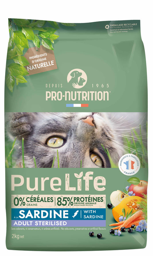 PRO-NUTRITION Pure Life Adult Sterilised sardine sausas maistas suagusioms sterilizuotoms katėms su sardinėmis 2-8 kg - 2 kg