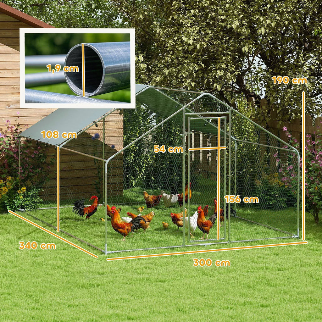 Vištidė, didelė metalinė vištidė su vandeniui ir UV spinduliams atspariu dangčiu, narvas 10–15 vištoms, 3 x 3,4 x 1,9 m