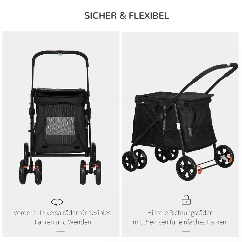Suņu ratiņi ar spilvenu, 3 sānu kabatas, salokāmi, 102 cm x 62 cm x 105 cm, melni