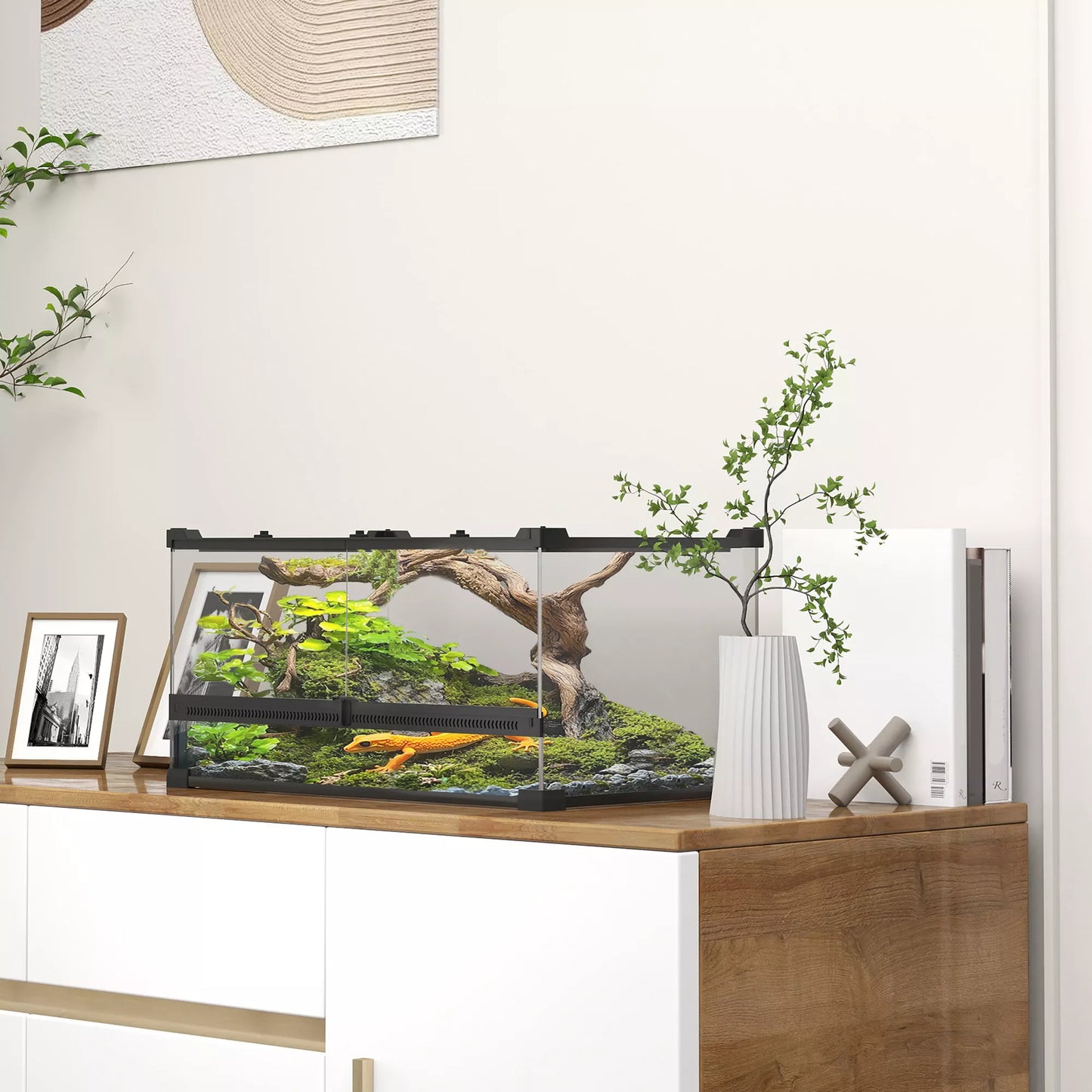 Stikla terārijs rāpuļiem, paaugstināts un ūdensnecaurlaidīgs dibens, sprādzes aizdare