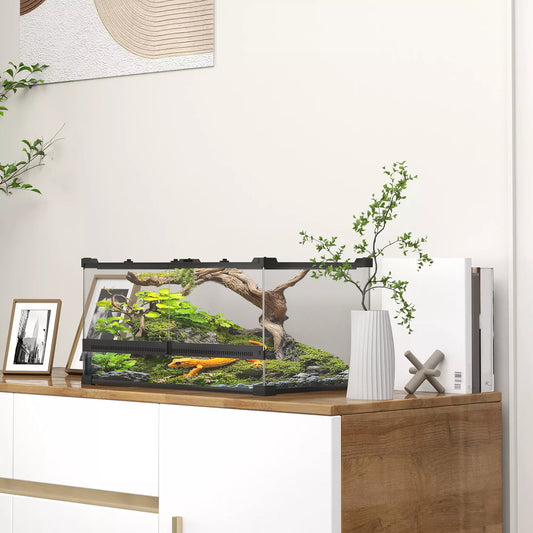 Stikla terārijs rāpuļiem, paaugstināts un ūdensnecaurlaidīgs dibens, sprādzes aizdare