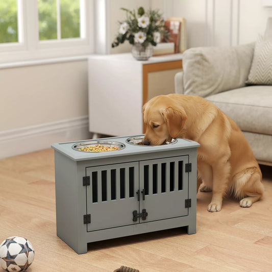 Pacelts barotava lieliem suņiem, 2 nerūsējošā tērauda bļodas, uzglabāšanas nodalījums, 35,5x60x30 cm, pelēka