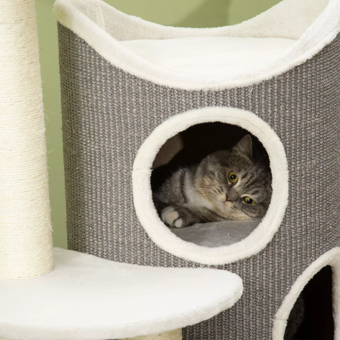 Kačių medis su kačių guoliu ir braižymo statine katėms, 60 cm x 44,5 cm x 109 cm, Pilka + Natūrali + Balta