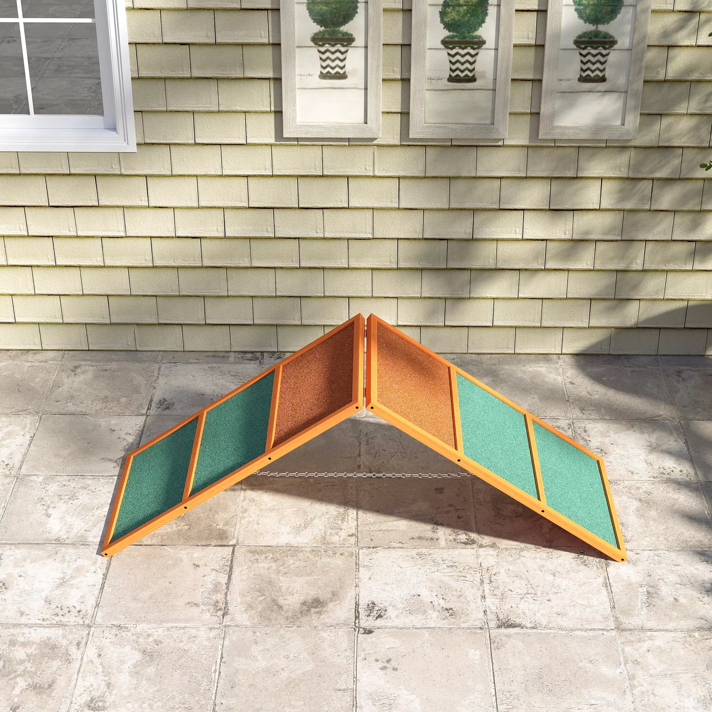 Suņu rampa Agility, salokāma, ar regulējamu augstumu, neslīdoša, no egles koka, līdz 40 kg, 173 x 59 x 66 cm, oranža/zaļa