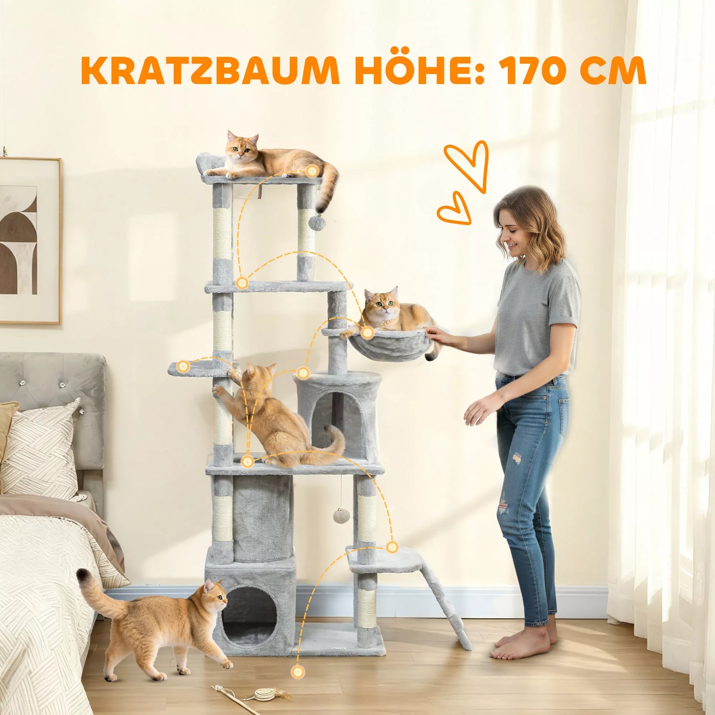 Cat scratching post, 170 cm, with tunnel, niches, large base, sisal posts, light gray