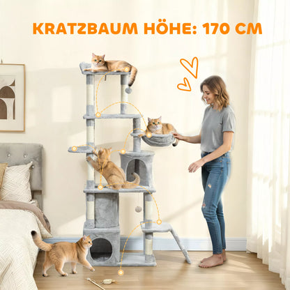 Cat scratching post, 170 cm, with tunnel, niches, large base, sisal posts, light gray