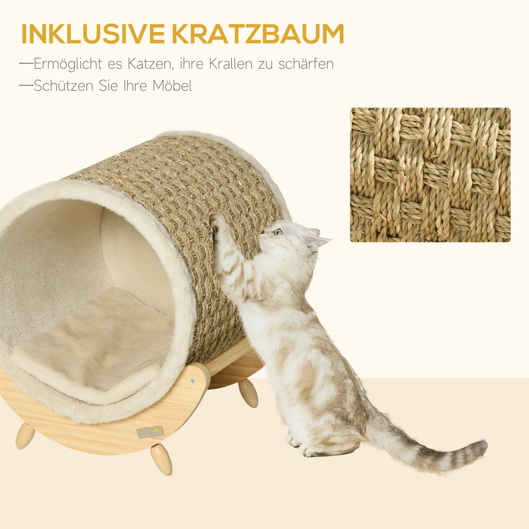 PawHut Katino urvelis su draskomuoju paviršiumi, komplekte pagalvėlė, draskyklė, 41 cm x 38 cm x 43 cm, natūralus + smėlio spalvos