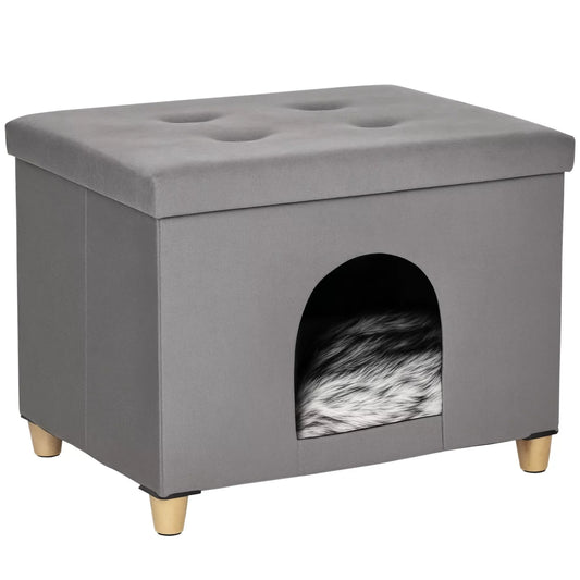 2-IN-1 kačių urvas pufas su pagalvėle medinės kojos kačių namelis kačių krepšys minkštas paminkštintas ottomanas elegantiškas dizainas nuimamas MDF pliušas pilkas 60 x 45 x 44,5 cm