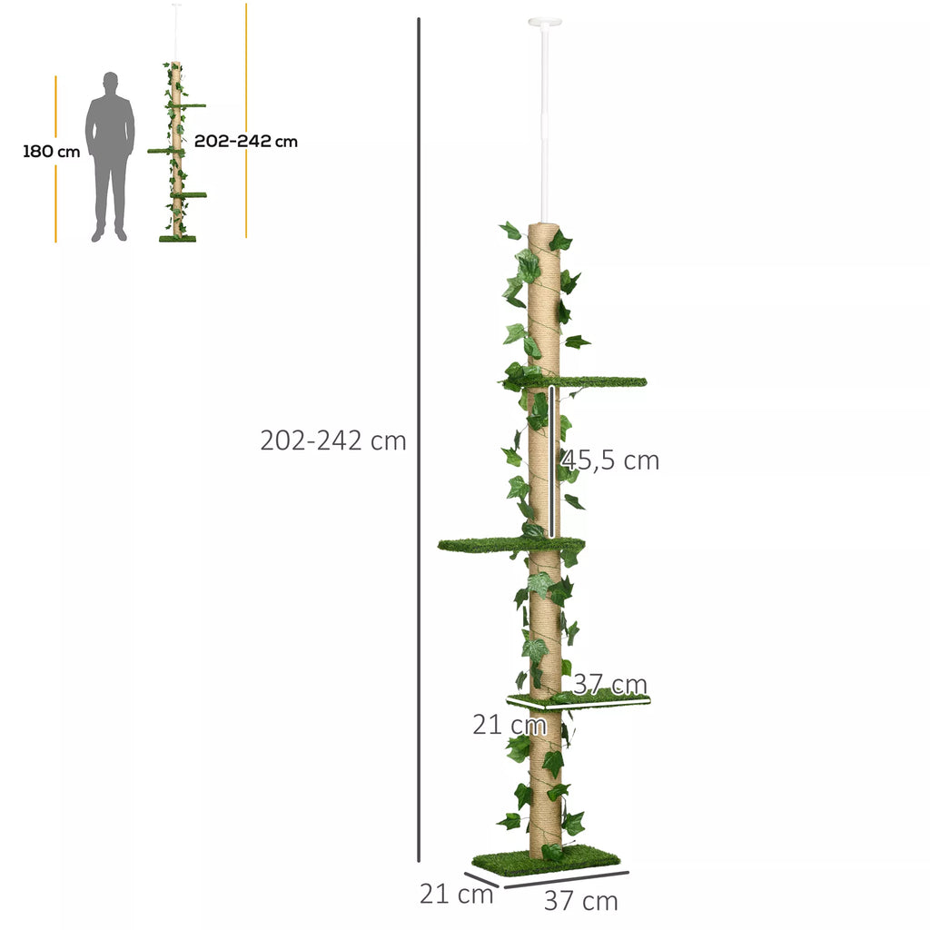 Kaķu skrāpēšanas stabs, regulējams augstums 202-242 cm, neslīdošs, ar džutas virves pārklājumiem, skaidu plāksne, zaļa/dzeltena