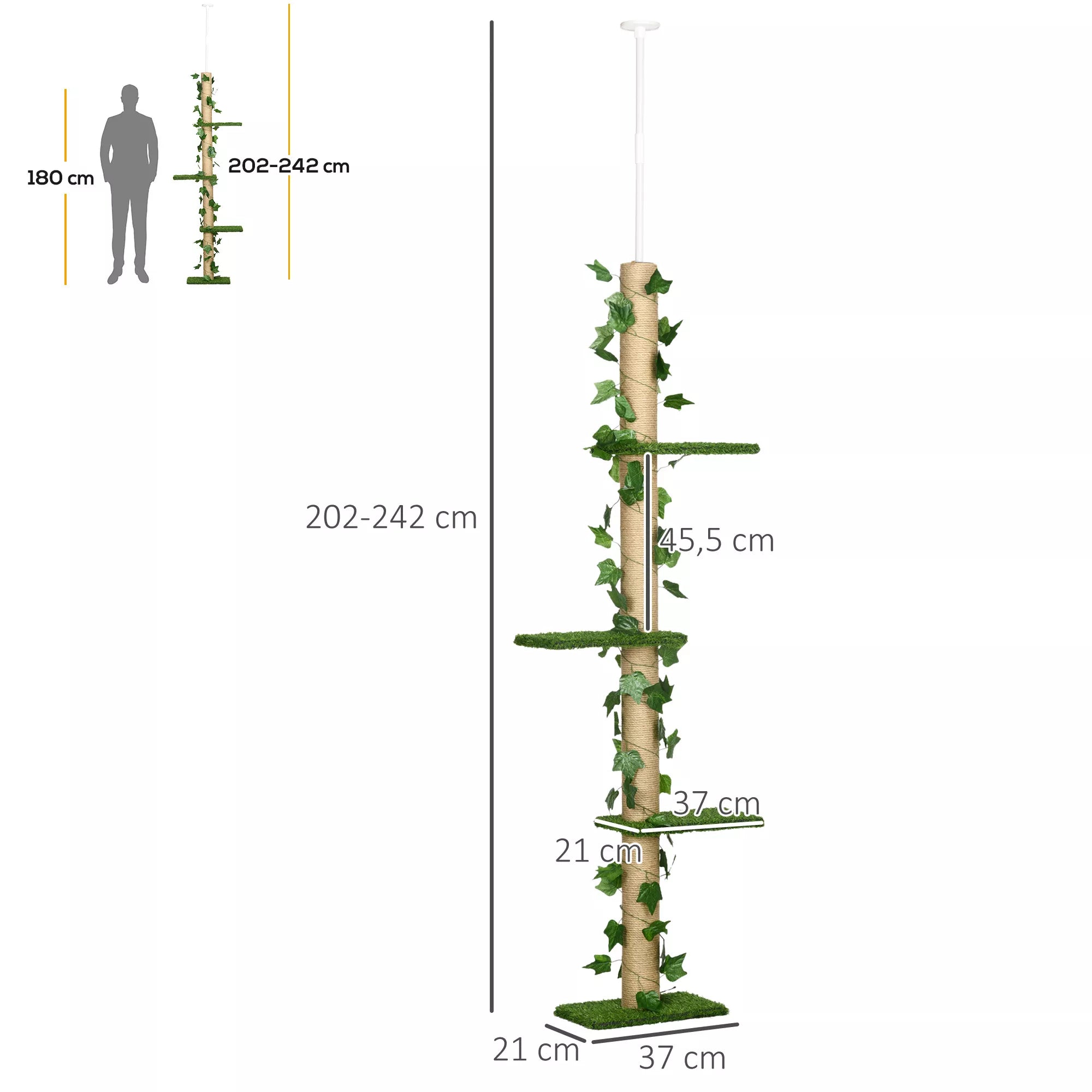 Kaķu skrāpēšanas stabs, regulējams augstums 202-242 cm, neslīdošs, ar džutas virves pārklājumiem, skaidu plāksne, zaļa/dzeltena
