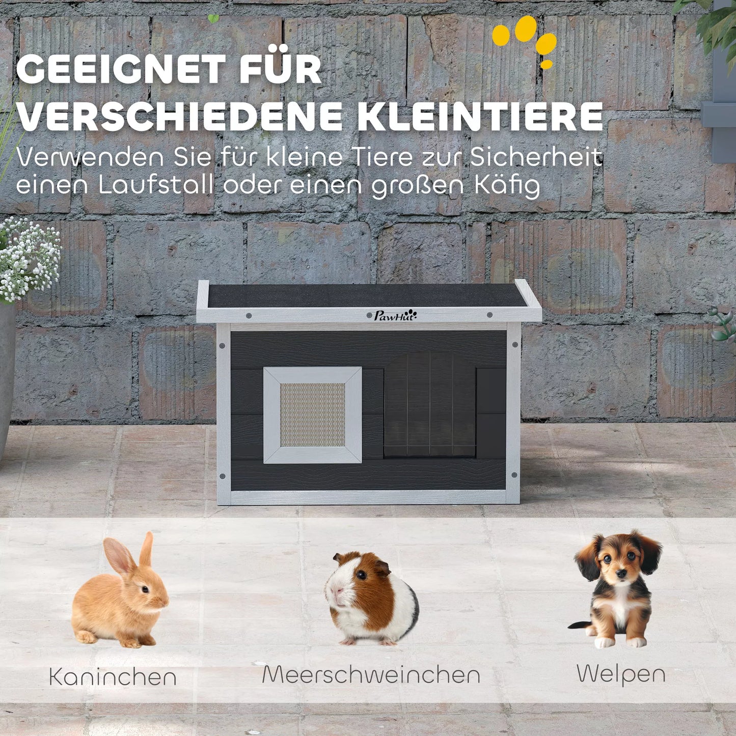 Kaķu māja, slēptuve kaķiem un trušiem, koka māja ar skrāpējamo stabu, durvis, 61 x 45 x 36,5 cm, pelēka