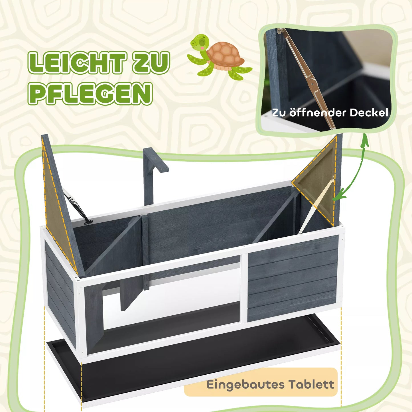 PawHut Bruņurupuču Māja ar Viegli Atveramu Augšu, Lampas Turētāju, Caurspīdīgu Priekšpusi, 120 x 50 x 40 cm, Pelēka