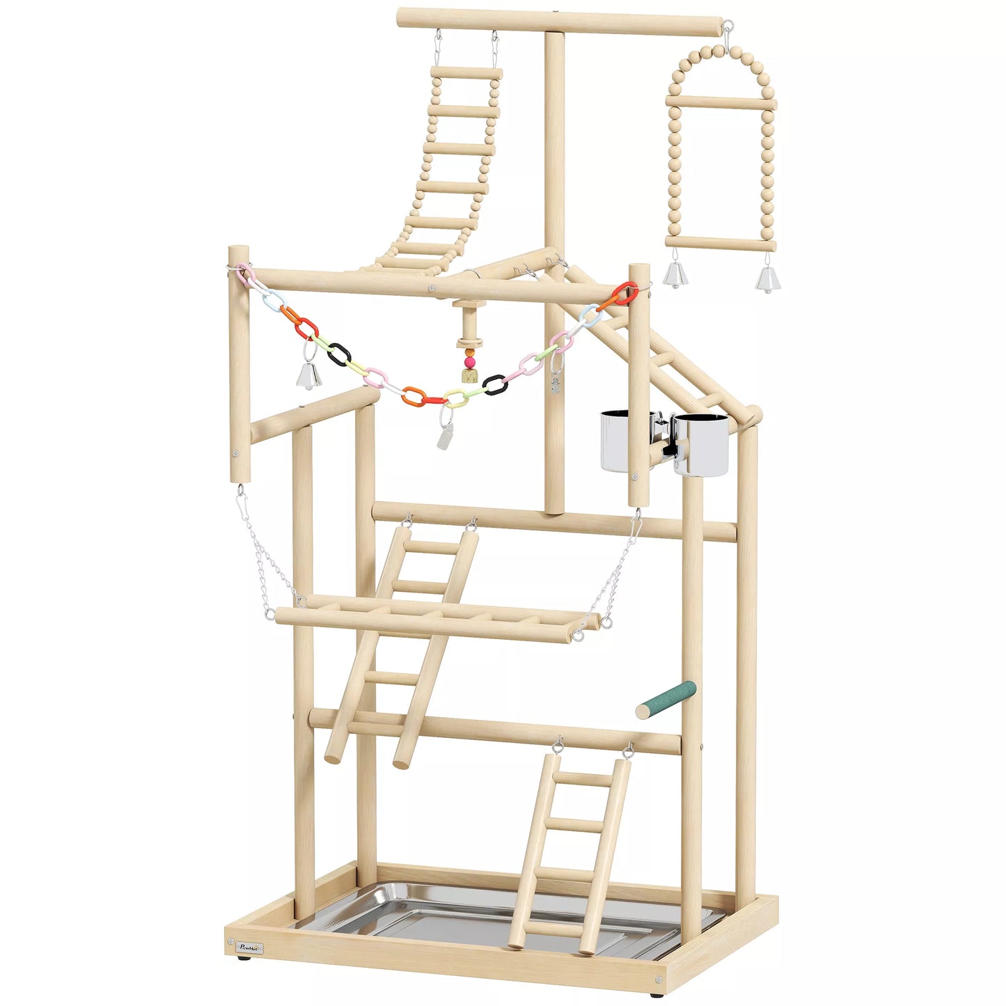 Paukščių stovas, paukščių stovų rinkinys, 4 lygiai, nerūdijančio plieno padėklas, žaislai, natūrali mediena