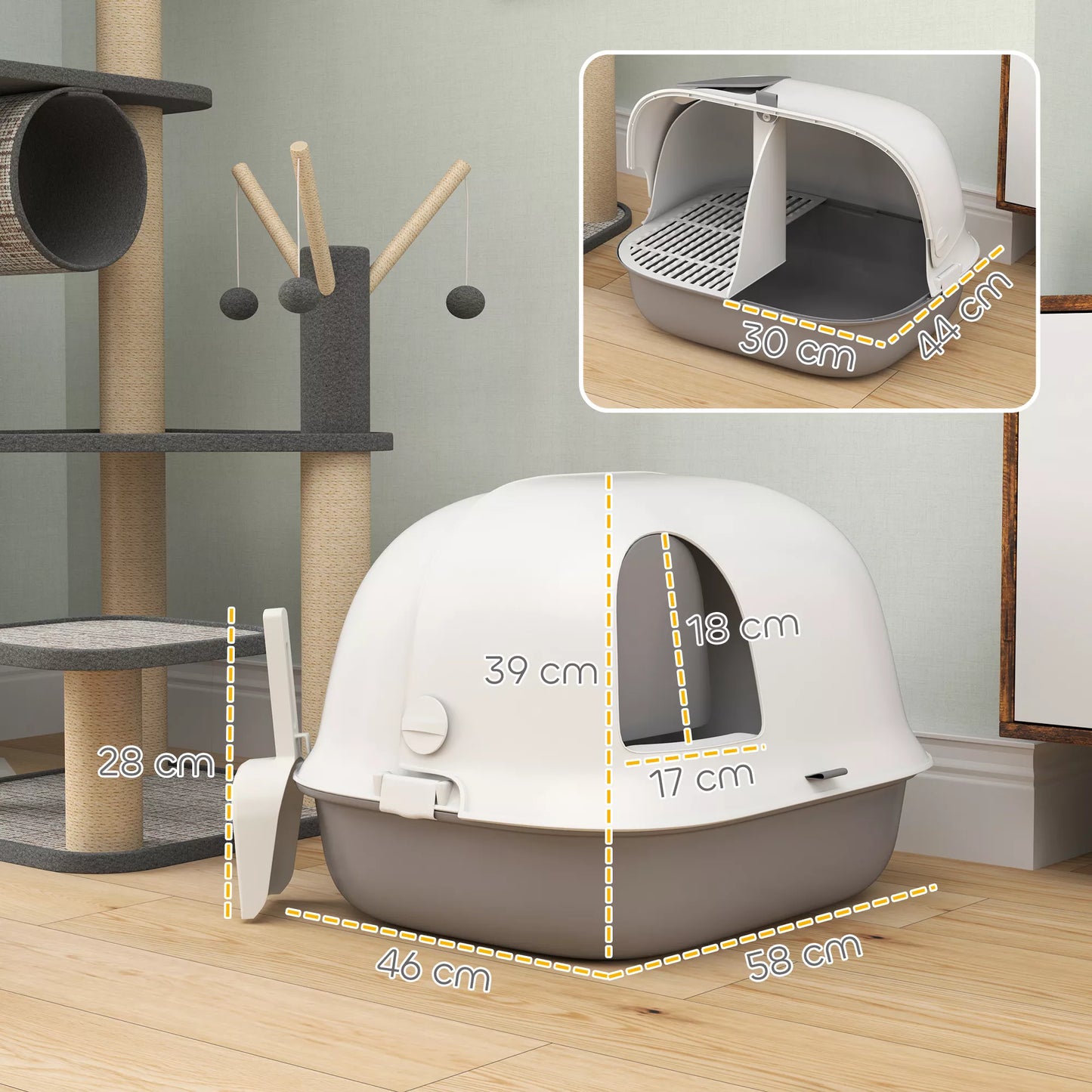 Kaķu pakaišu kaste ar vāku un iekšējo renni, durvīm, kausiņu, viegli tīrāma, plastmasa, gaiši pelēka