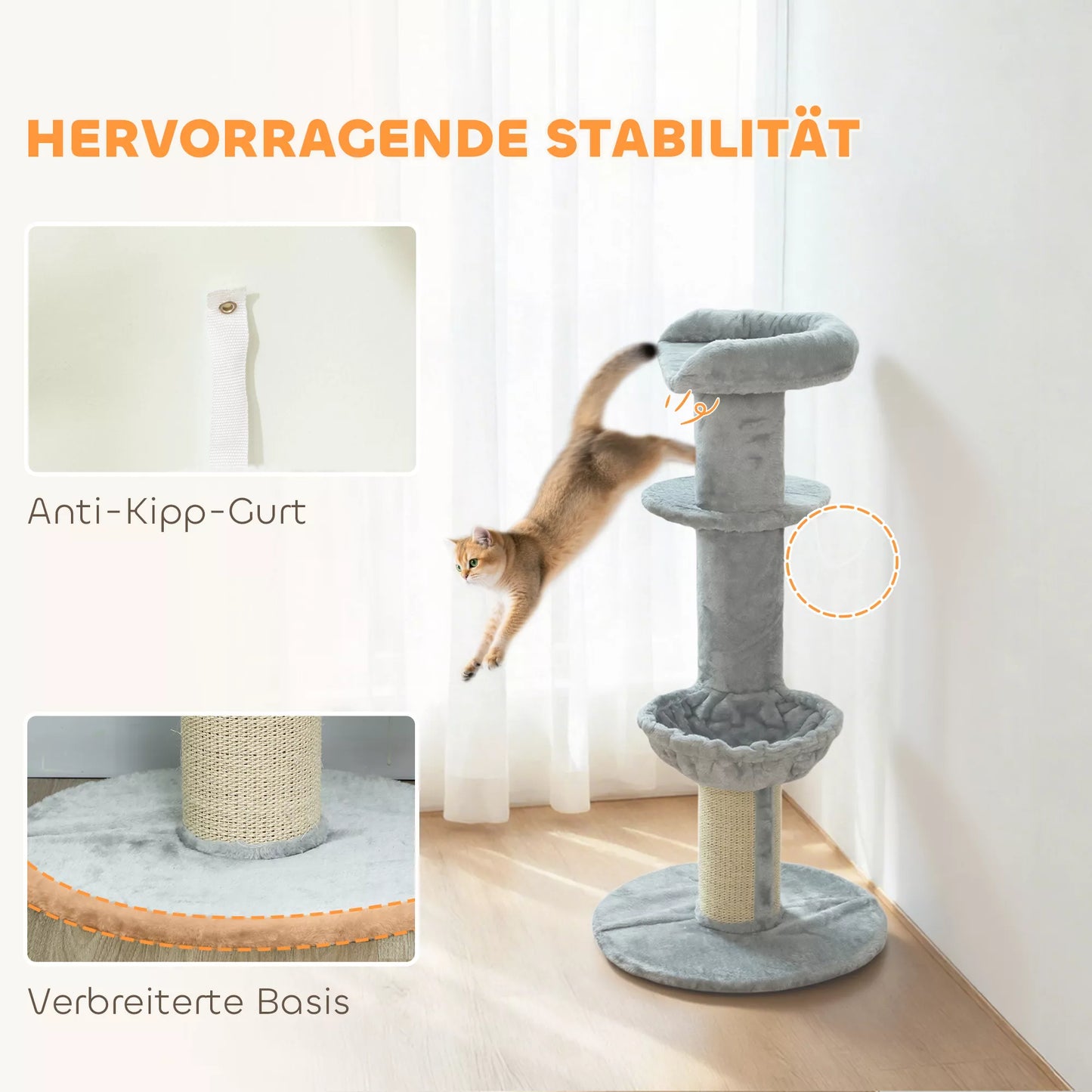 Cat scratching post, sisal posts, multi-tiered, plush fabric, hanging ball, light gray