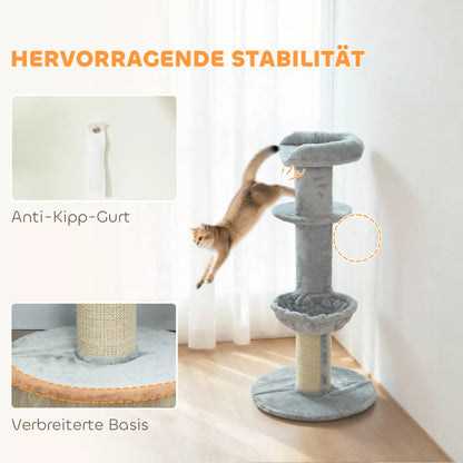 Cat scratching post, sisal posts, multi-tiered, plush fabric, hanging ball, light gray