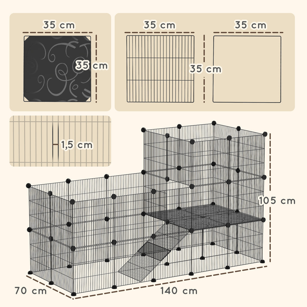 Aptvaras nykštukiniams triušiams ir jūrų kiaulytėms iš 39 plokščių, 2 aukštų su rampa, 140x70x105 cm, juodas