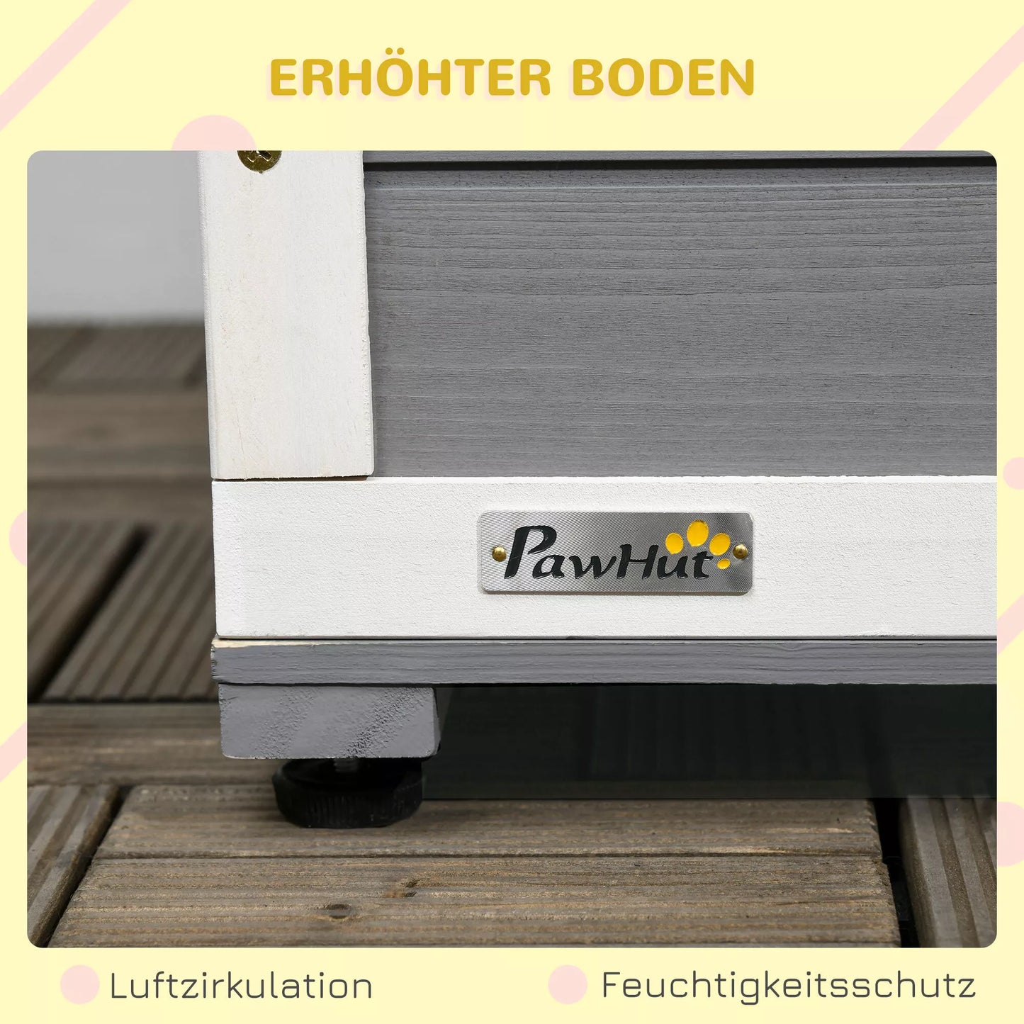 Suņu voljērs no masīvkoka, ar 2 barotavām, terase, izturīgs pret laikapstākļiem, 103 cm x 62 cm x 66 cm, pelēks + balts