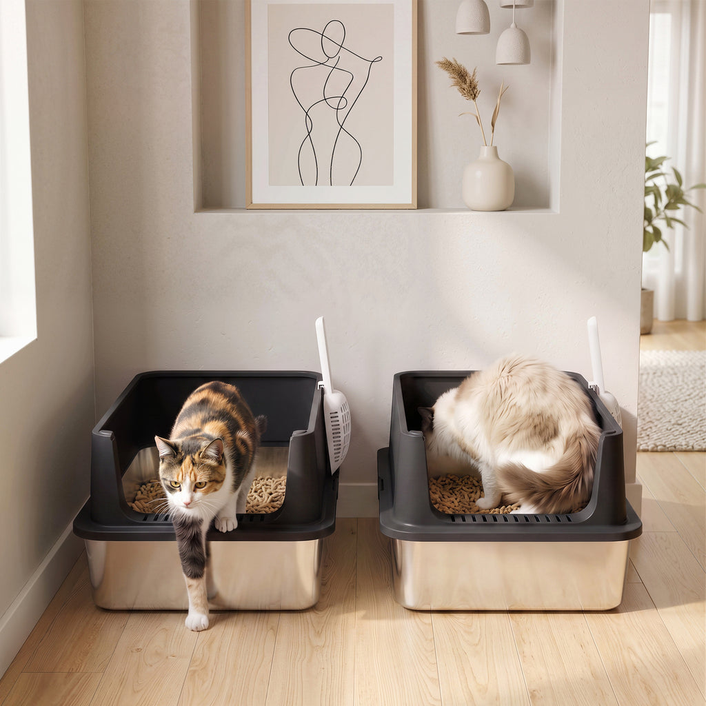 Kačių tualetai XL iš nerūdijančio plieno, 2 vnt., pusiau uždari, su semtuvėliais, iki 8 kg, 60x40x30 cm, juodi