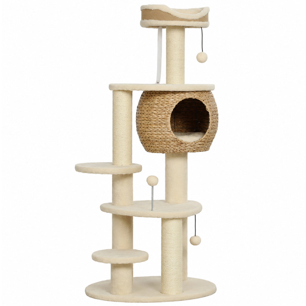 Draskyklė 132 cm su pintu švendrių nameliu, guoliu, 3 stulpais ir 3 kamuoliukais, 1–2 katėms iki 6 kg, smėlio spalvos
