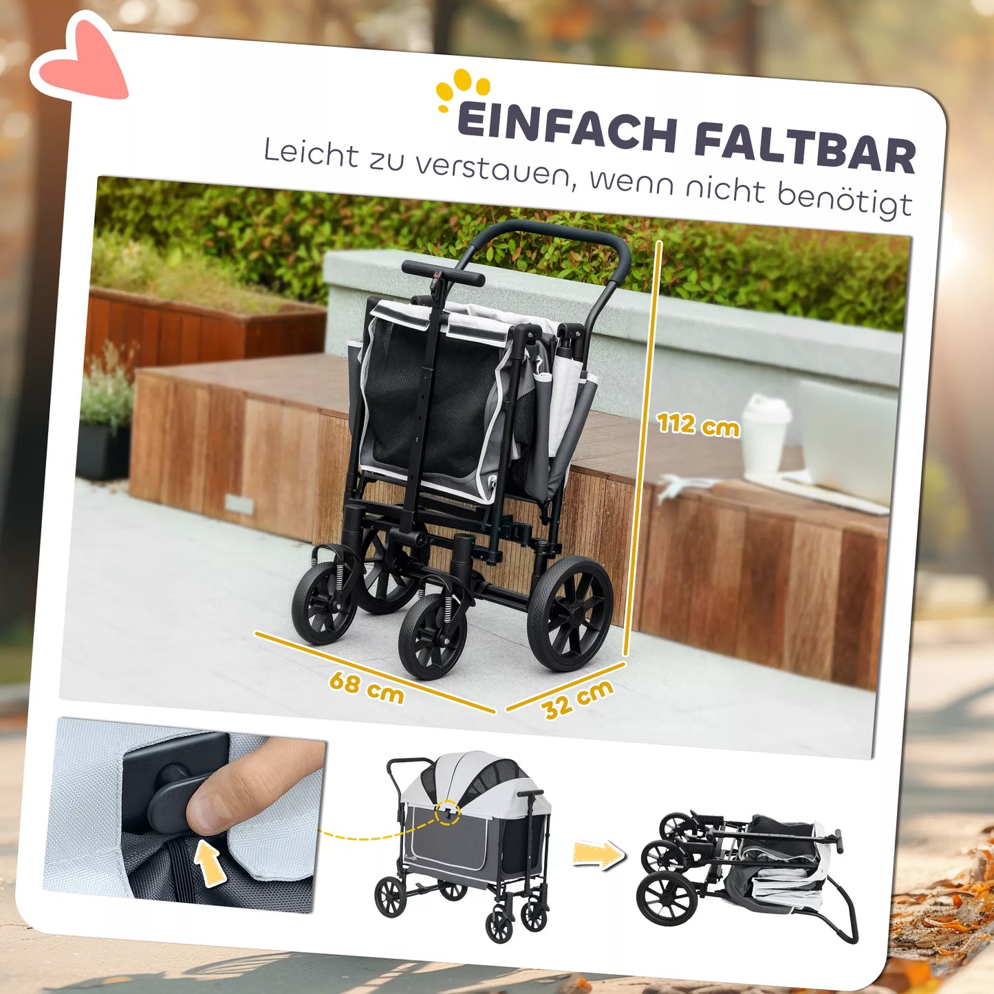 Saliekamie ratiņi suņiem un kaķiem līdz 30 kg, 110 x 65 x 102 cm, tumši pelēki