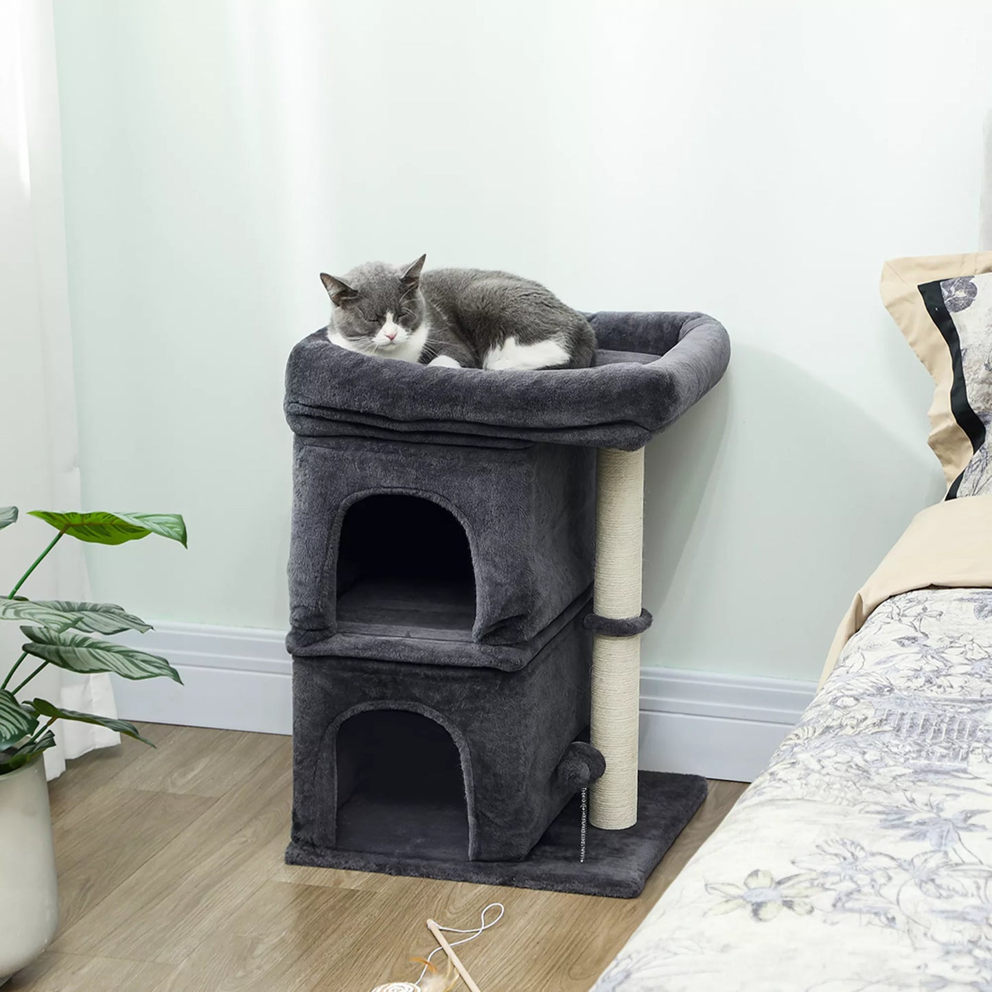 Cat scratching post, Cat tower, 2 caves, platform, sisal pole, compact, dark gray