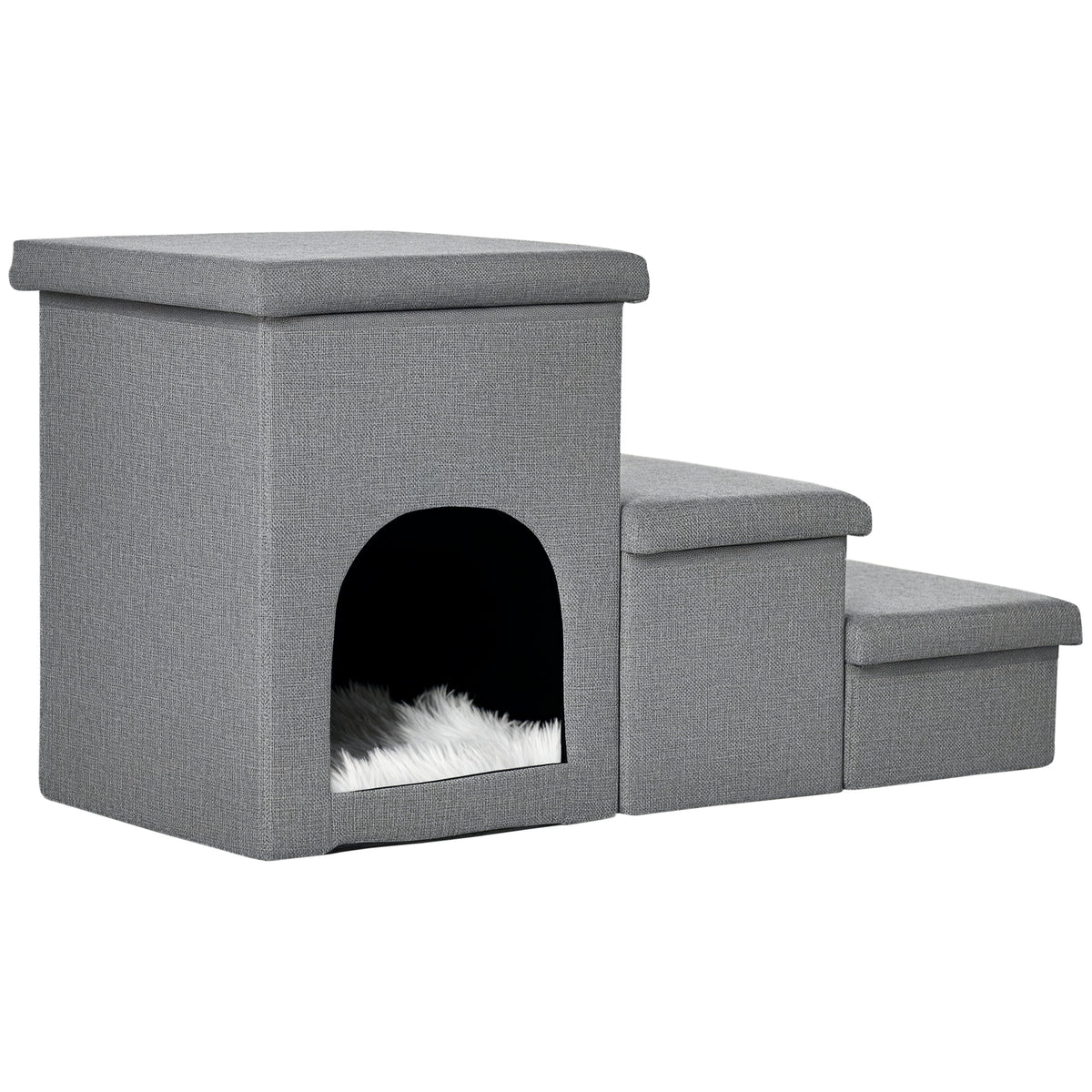 Laipteliai augintiniams su nameliu ir paslėpta daiktadėže, 73,5x33x40,5 cm, katėms iki 5 kg, šviesiai pilki