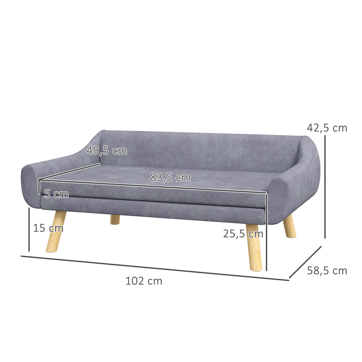 Sofa šunims su nuimama pagalve, aksominė, šunims iki 25 kg, 102x58,5x42,5 cm, pilka