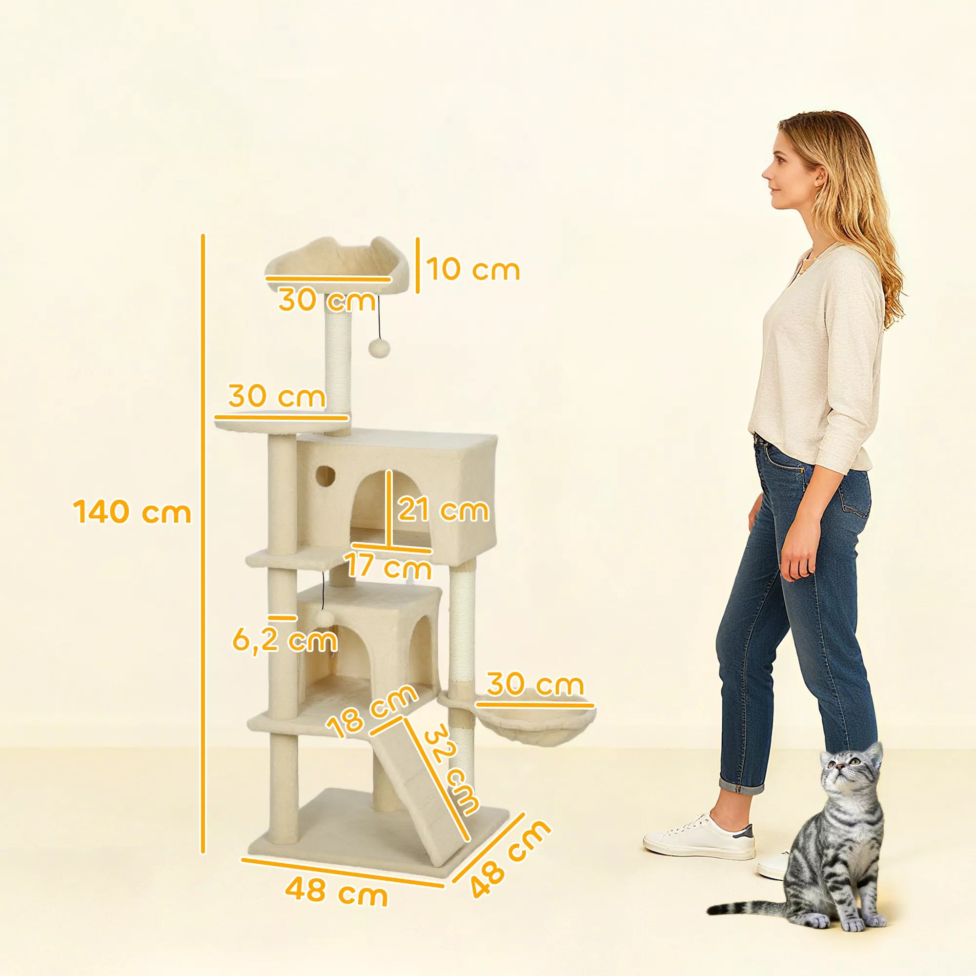 Asināšanas stabs 140 cm, kaķu tornis ar šūpuļtīklu, kāpnēm, gultu, 2 plīša bumbiņām, sizala stieņiem, 48 x 48 x 140 cm, bēšs