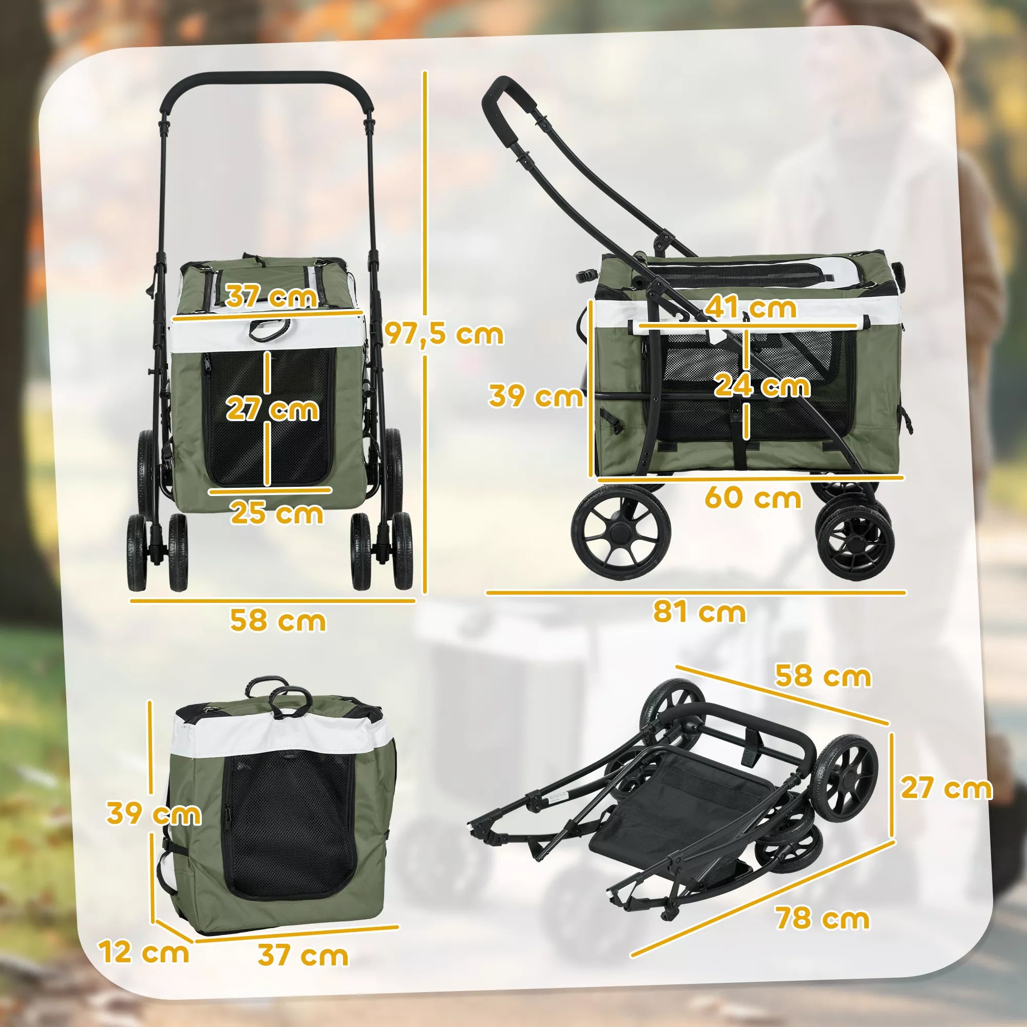 Suņu ratiņi, mājdzīvnieku ratiņi, saliekami, ar noņemamu grozu, 81 x 58 x 97,5 cm, melni+tumši zaļi+balti