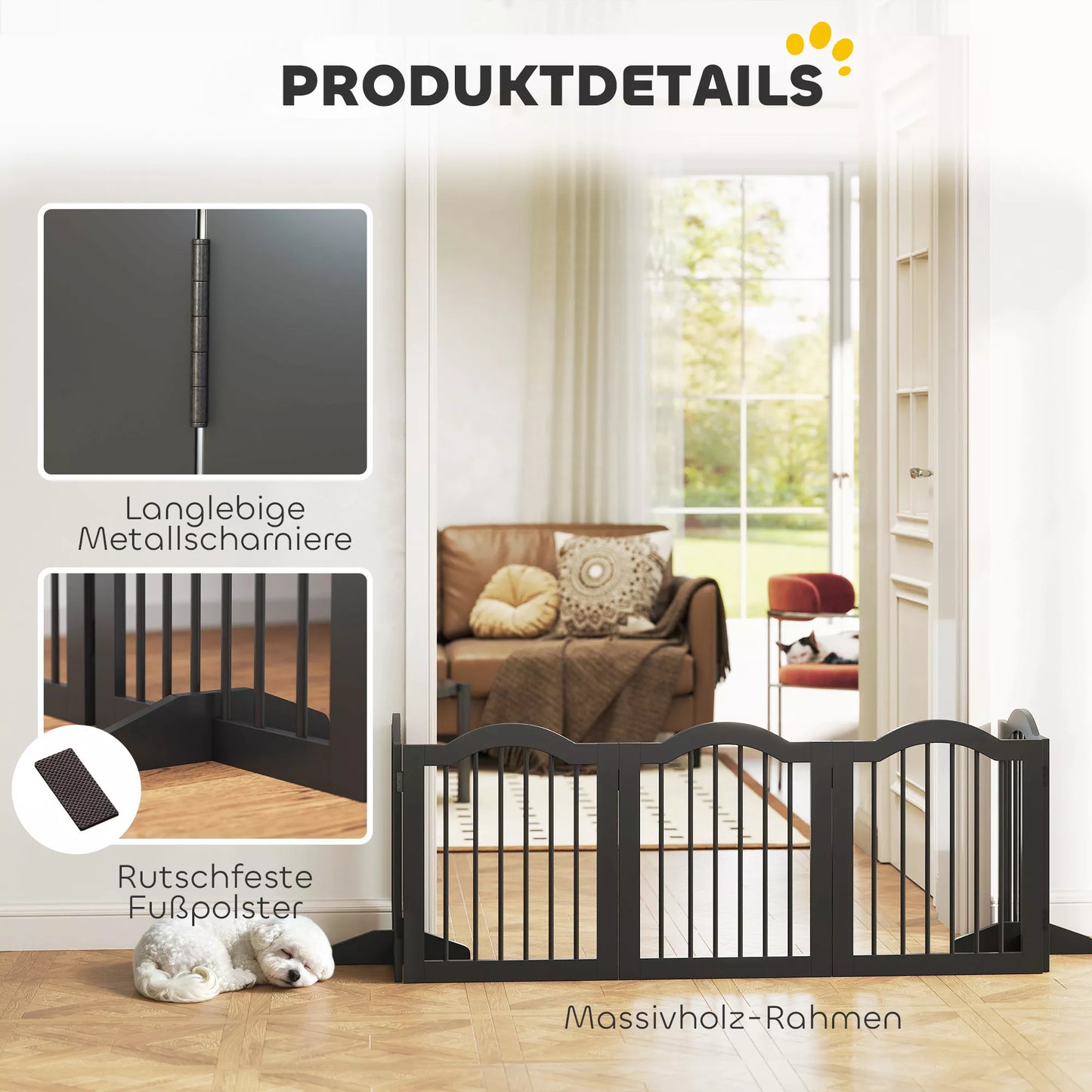 Suņu žogs, brīvi stāvošs drošības tīkls ar kājām, salokāms, 5 paneļi, 261,5 x 29,5 x 61 cm, melns