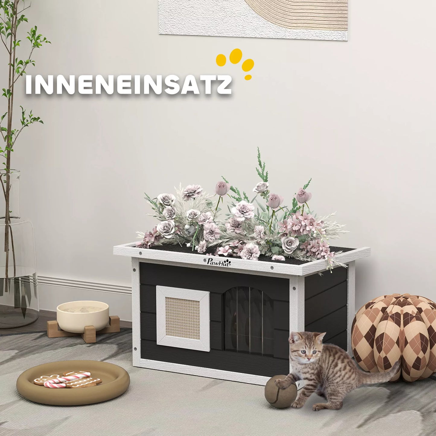 Kaķu māja, slēptuve kaķiem un trušiem, koka māja ar skrāpējamo stabu, durvis, 61 x 45 x 36,5 cm, pelēka