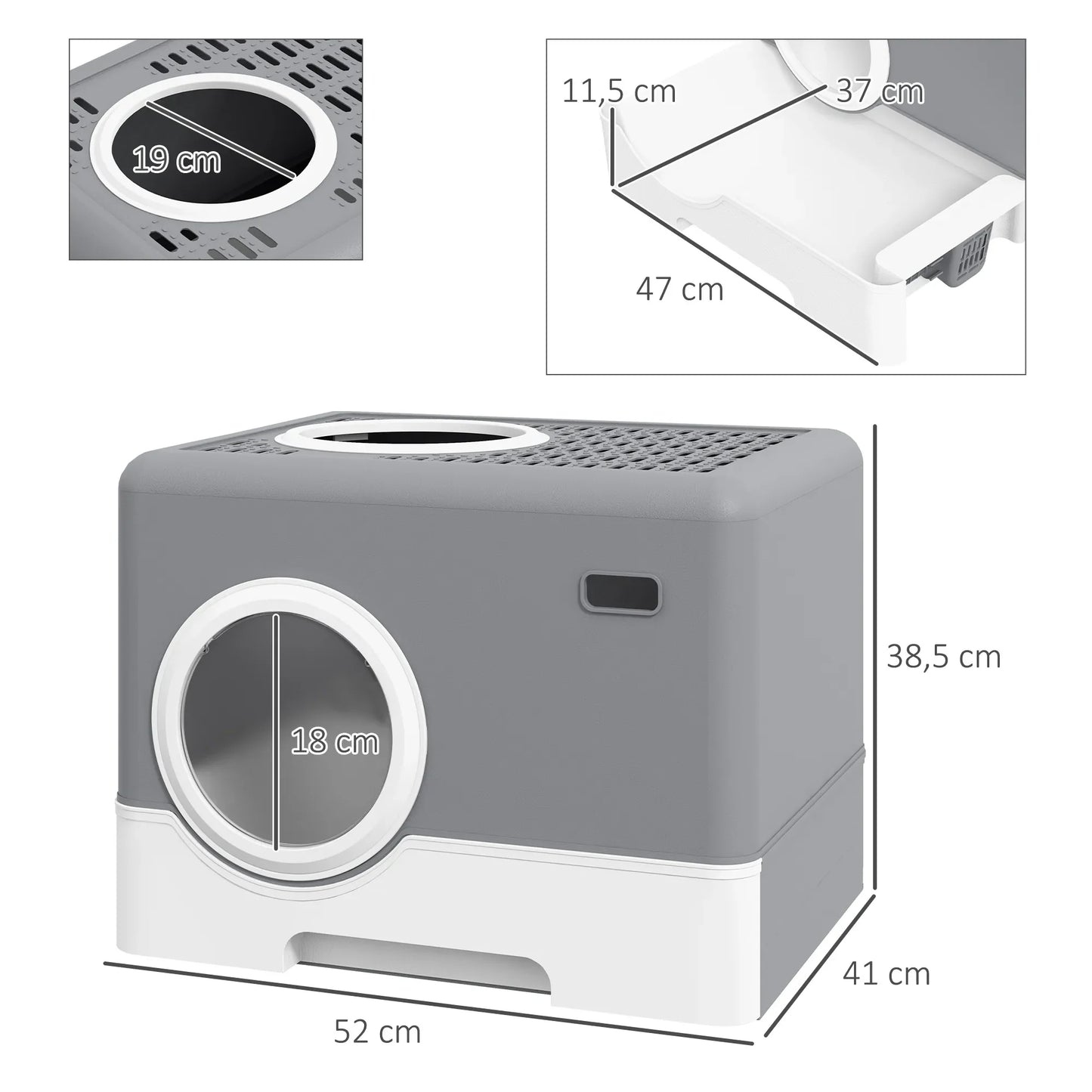 Kaķu pakaišu kaste, 2 izvadi, noņemams apakšējais paliktnis, 52 x 41 x 38,5 cm, pelēka