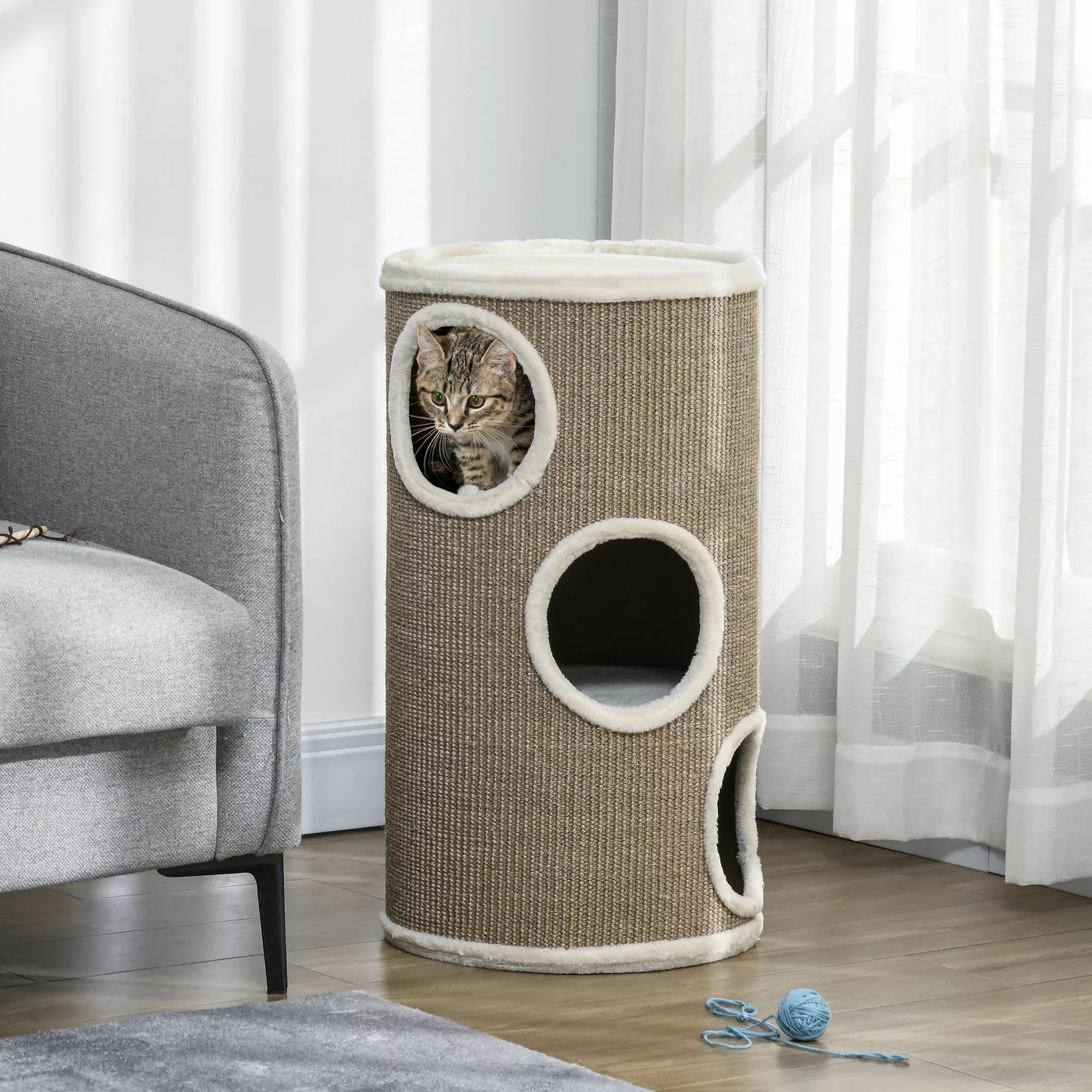Kaķu skrāpējamais stabs, mīksts plīšs, sizala skrāpējamais stabs, izturīgs, Ø38 x 70H cm, brūns