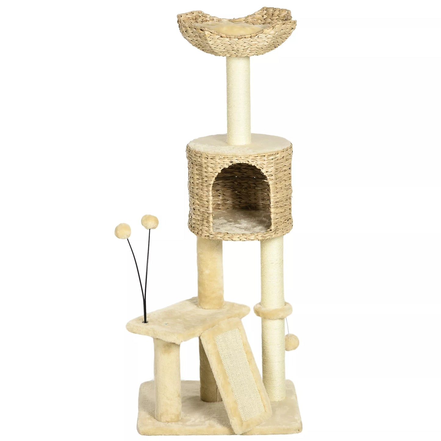 Cat scratching post with cat bed, resting platform, play ball, 45x40x116cm, brown/beige