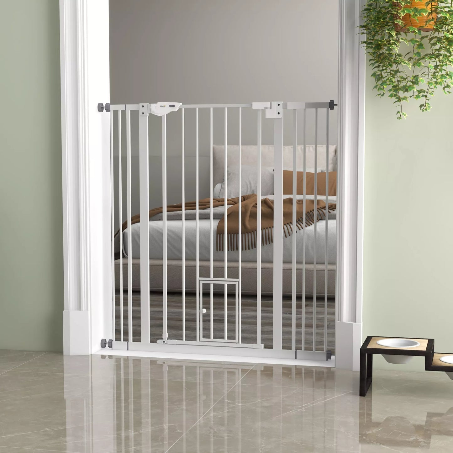 Suņu drošības vārtiņi, dubultā slēdzene, pašnoslēdzošas durvis, 104 cm augsti, tērauda, ​​balti