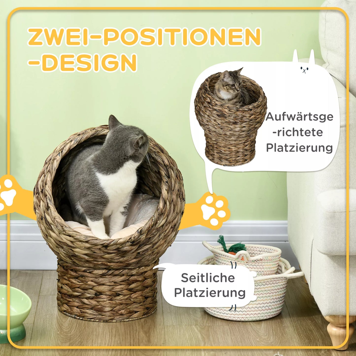 Rattan cat basket, cave, house, bed with cushion, pet bed, water hyacinth, coffee, 40 x 37 x 51 cm
