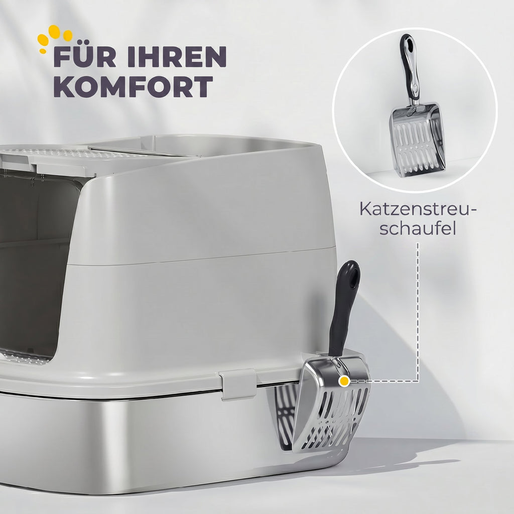 Uždaras kačių tualetas iš nerūdijančio plieno su semtuvėliu, iki 6 kg, 52,4x41,3x39,8 cm, šviesiai pilkas
